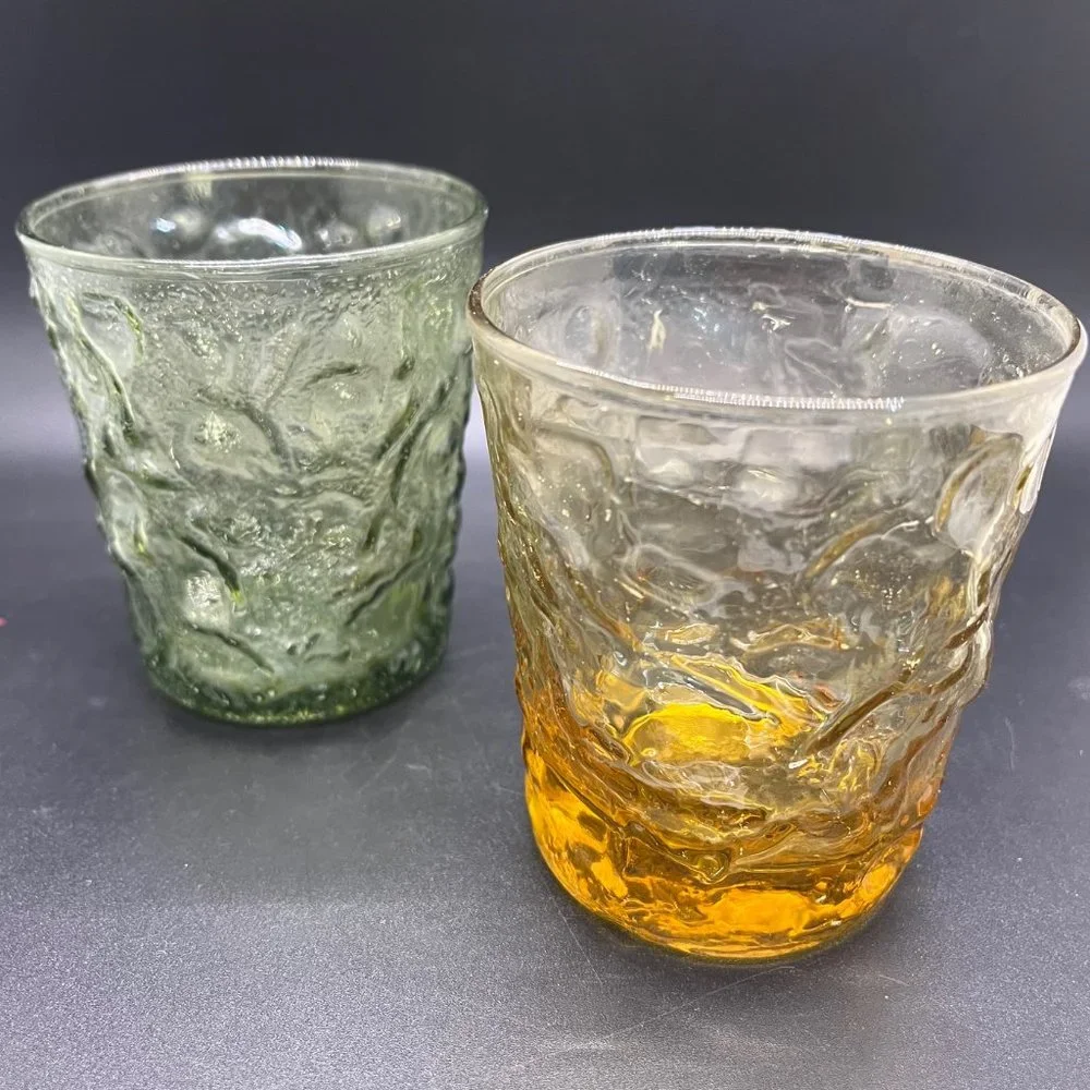 (2) Anchor Hocking Milano Crinkle Honey Gold Amber & Green 7oz Short Rocks Glass